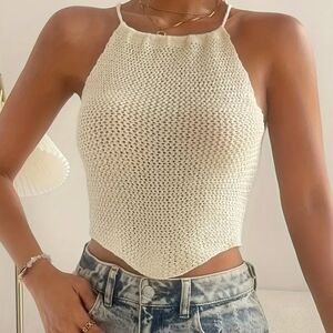 Festival Crochet Knit Halter Top Size S - Cream